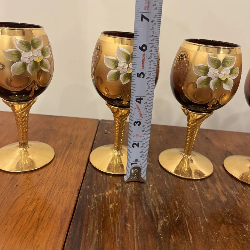 Vtg Tre Fuochi Italian Venetian Murano Glass Amber 24K Gold Floral Decanter Set